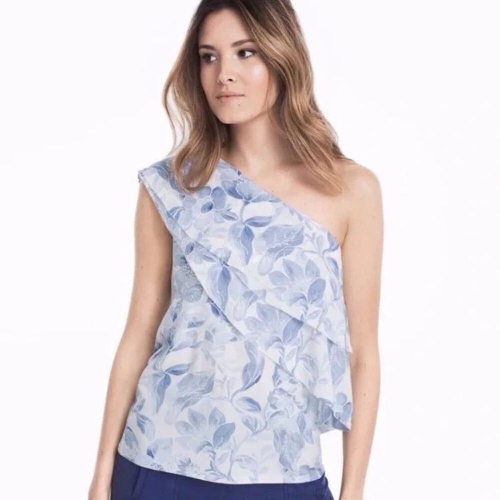 WHBM Blue and White Floral One Shoulder Top